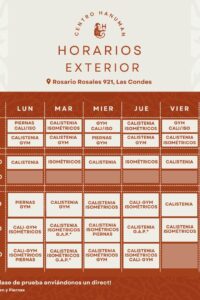 Horarios de clases en el área exterior de Centro Hanuman, Las Condes
